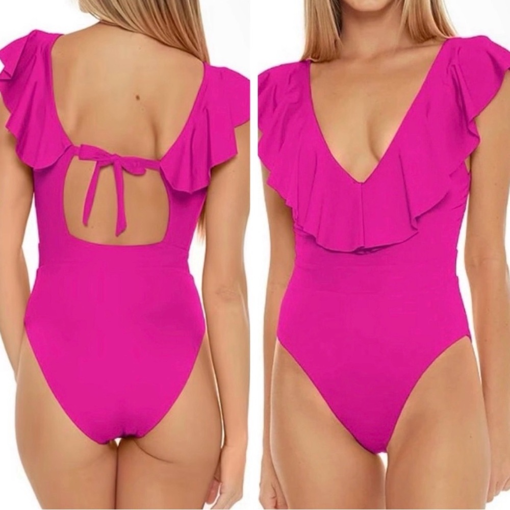 NWT Trina Turk Monaco Ruffle Plunge V-Neck Hot Pink One Piece Bathing Suit